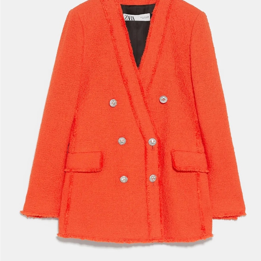 Zara Women's Tweed Orange Double-Breasted Blazer